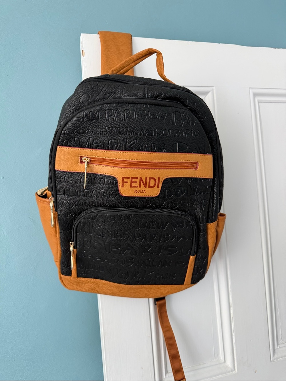 Fendi Black and Tan Embossed Leather Backpack